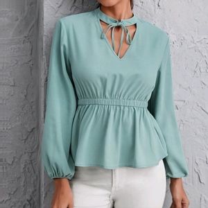 New Green Tied keyhole neck Lantern sleeve Top